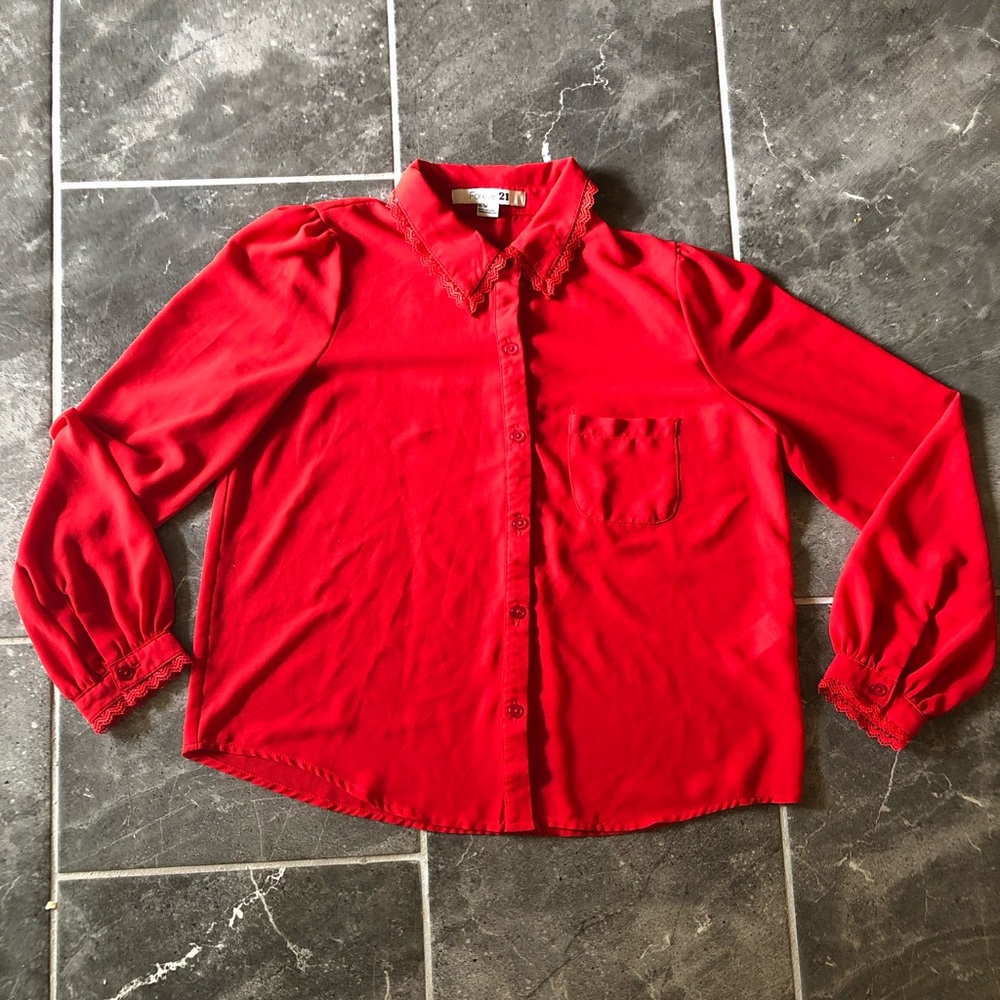 Forever 21 Red Button Up Blouse with Lace Trim